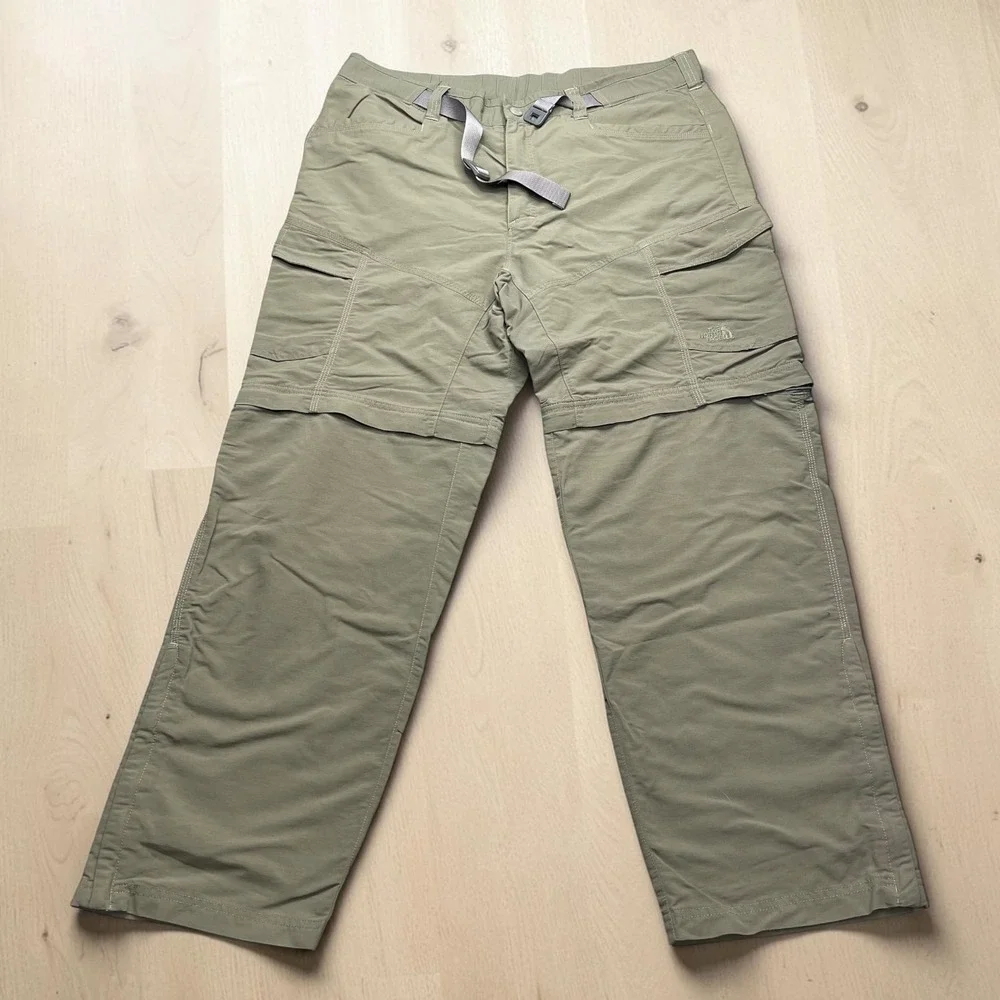 The North Face Mens XL Olive Green Convertible Zip Off Hiking Cargo Pants Belted